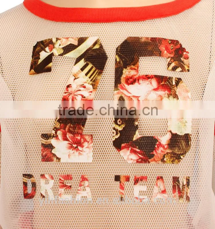 latest designer lady transparent blouse printed mesh tops for woman