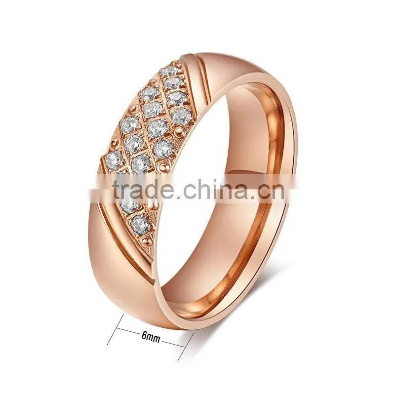 stainless steel rose gold pave setting cubic zirconia dimond ring