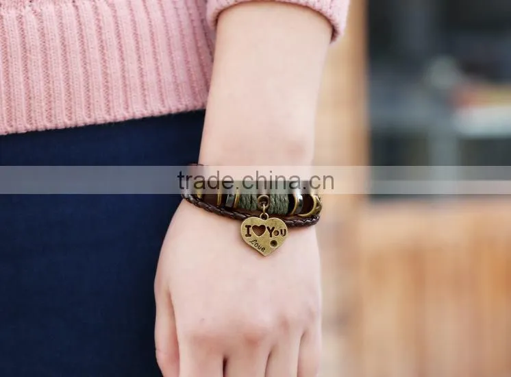 snap heart boys imitation leather bracelet factory
