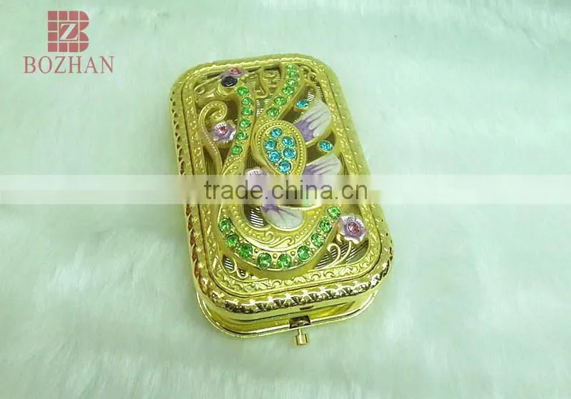 Metal souvenir gold swan rhinestone mirror/antique gold swan makeup mirror/promotional gift gold swan compact mirror