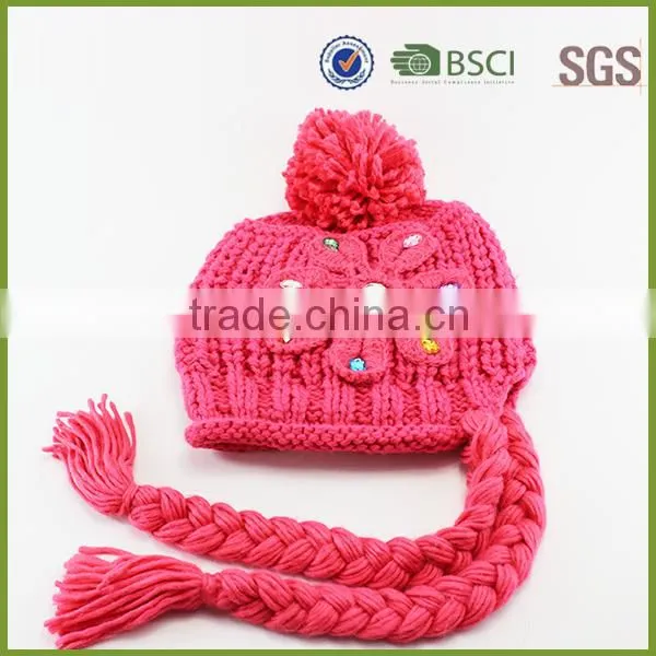 Girl's Knitted Custom Cable Knit Beanie Hat with Flower