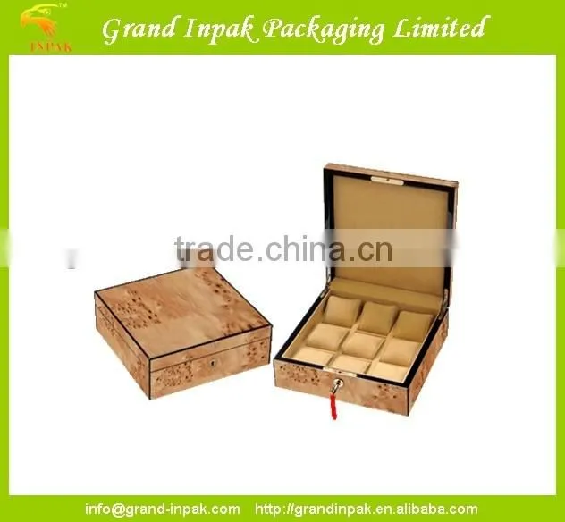 Elm burl wooden watch display case for 8 with lock
