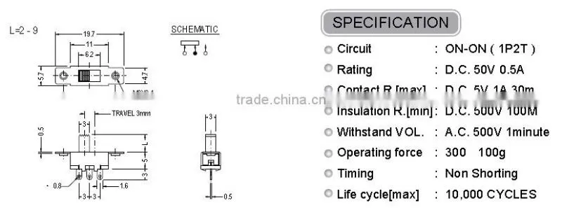 SS12F16 1P2T Vertical Type Slide Switch