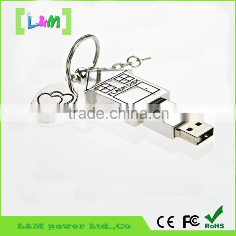 House shape metal usb flash drive with free keychain,high speed metal usb
