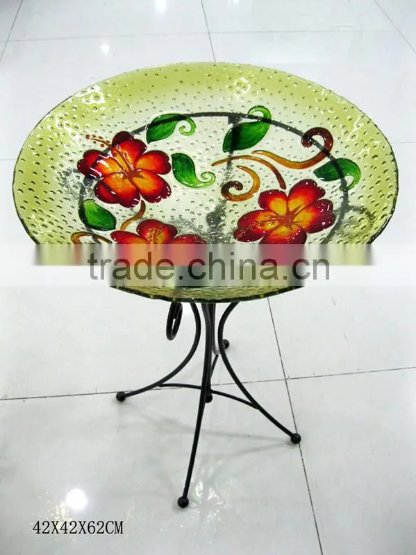 hand painted glass birdbath with metal stand, garden bird bath, bird feeder tray