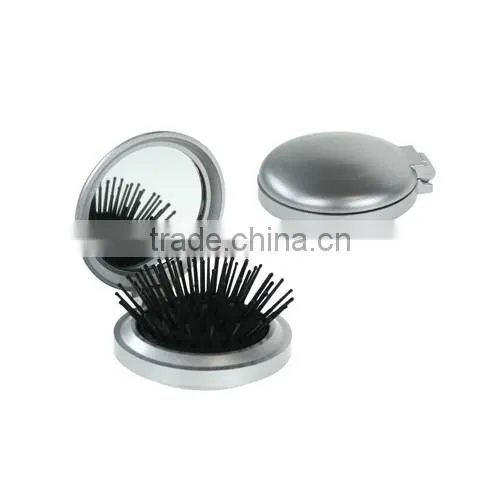 Plastic round foldable make up mirror with brush
