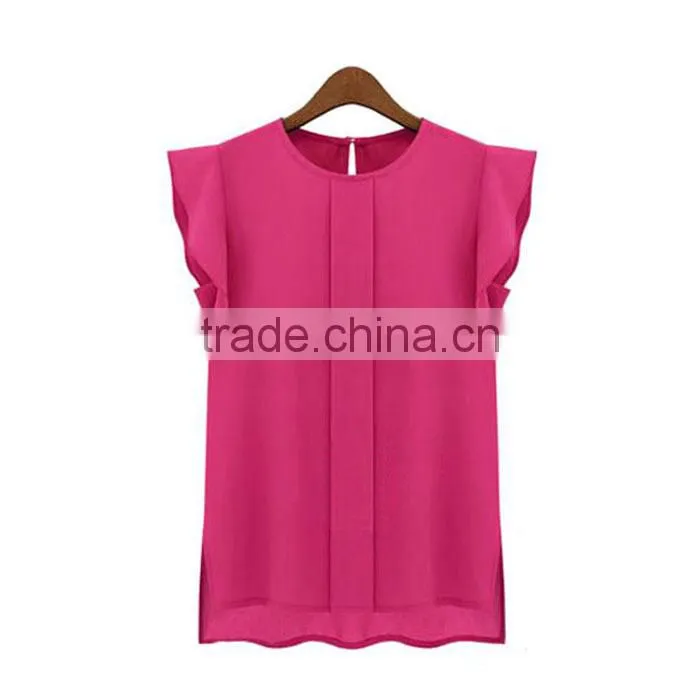 Hot cheap clothes china Womens Summer Casual Clothing Loose Short Tulip Sleeve Chiffon Blouse Shirt Tops