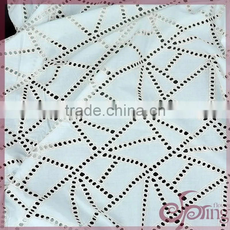 Geometric cotton embroidery fabric, hollow out embroidered metallic cotton lace fabric