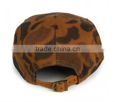 Cheetah pattern with leather patch custom fashion 5 panel cap