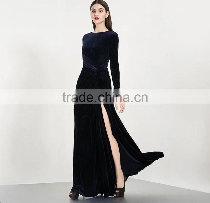 Evening Dresses Pretty Blue Long Sleeve Women Long Formal Party New Arrival Velvet Evening Dresses