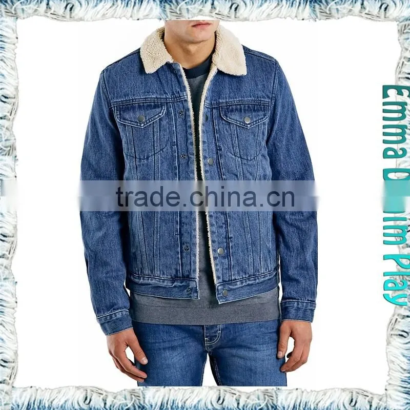 Cool Design Vintage Mens Fur Collar Short Fleece Lining Blue Denim Jackets