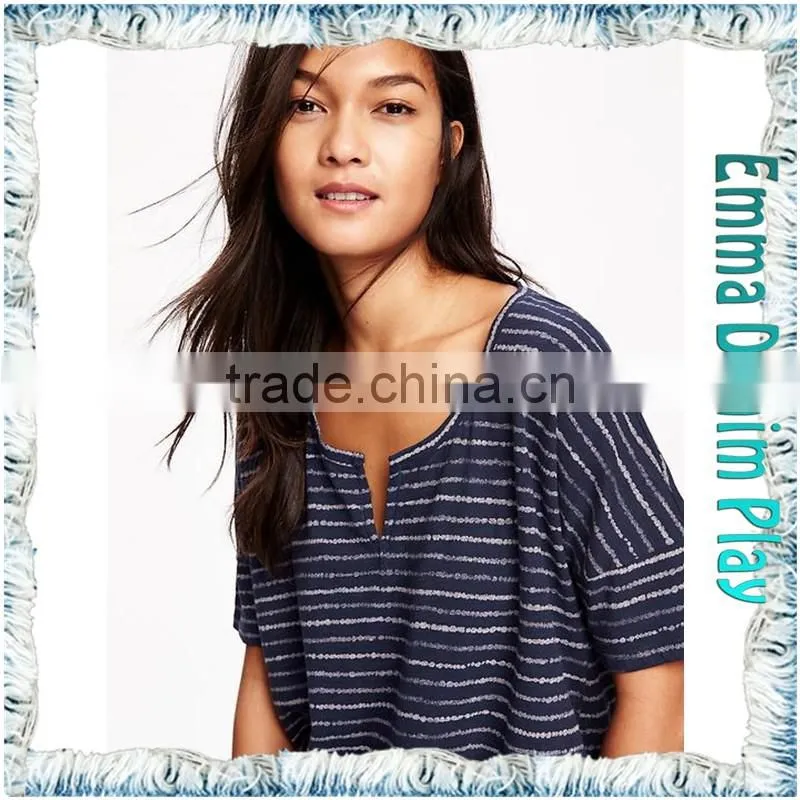 Hot Styles High Quality Ladies Blue White Stripe Knit Open O Neck T-Shirts Adult's Tops