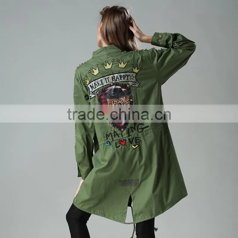 BF Long Style Korean Army Green Printed Loose Fashion Coats Models