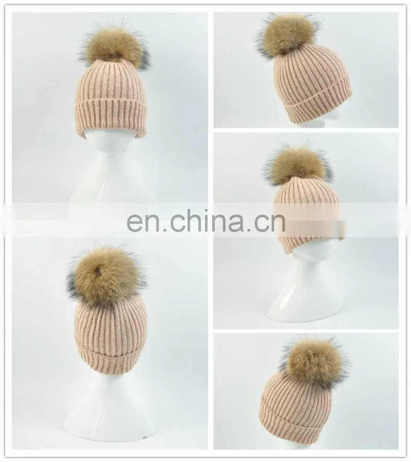 Kids Funny Hat With Big Genuine Raccoon Fur Ball Winter Knit Hat Baby Crochet
