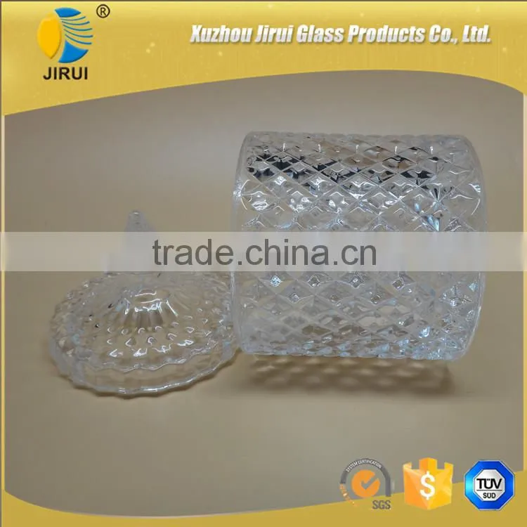 glass candy jar with glass lid with embossed design