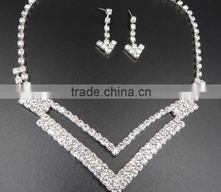 Top Fashion Double Layers Rhinestone Chain Bridal Necklace set Wholesale