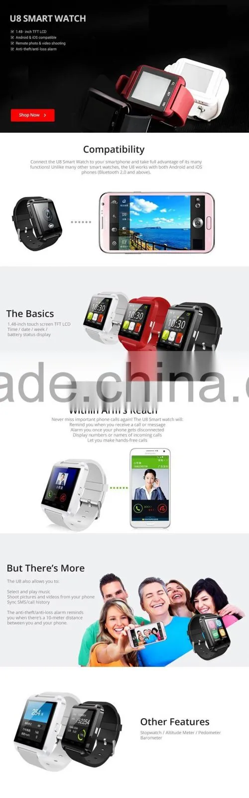 Smart Watch U8 Bluetooth Altimeter Anti-lost 1.5 inch Wrist Watch U Watch For Smartphones iPhone Android Samsung HTC Cell PhoneS