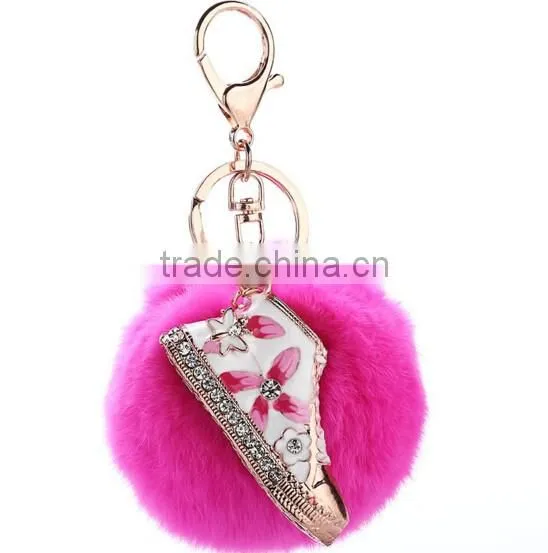 Fashion gift rhinestone shoe keychain with rabbit fur ball