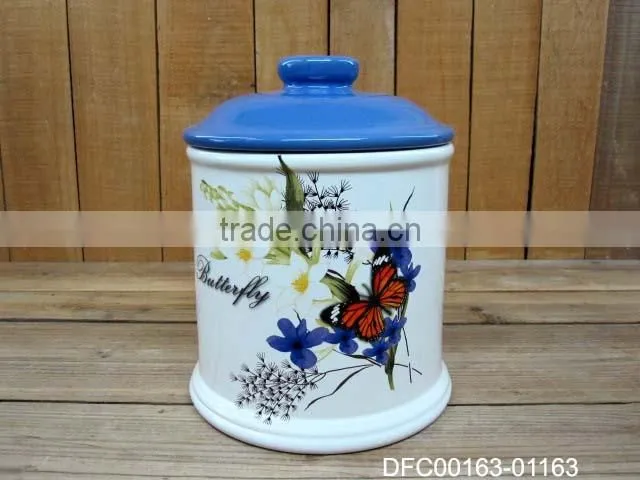 Butterfly and Flower Decal Ceramic Flower Planters Pots with Blue Tray for Garden