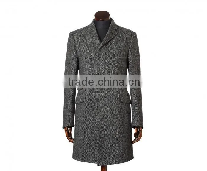 2015 new style 100% cashmere grey herringbone classic tailor made men's overcoat