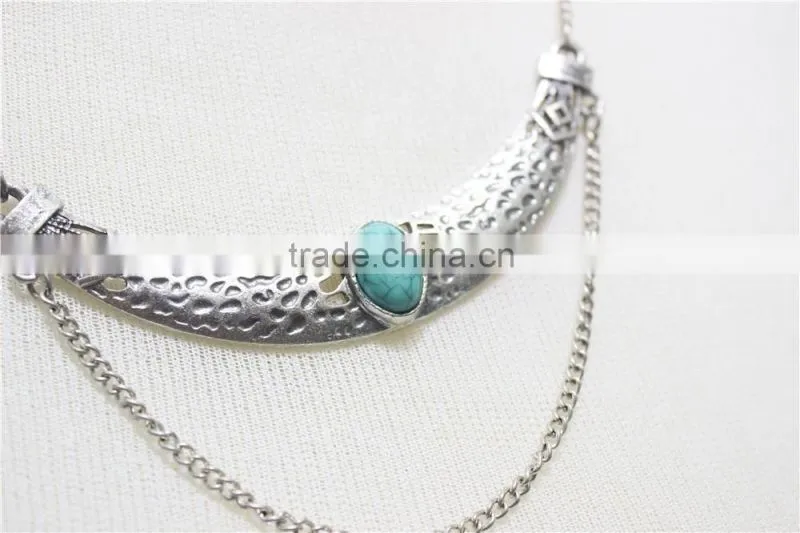 Anti-silver Folk w/ Blue Stone Statement Necklace Simple Chain Necklace 2016 Fashion Style Wholesale