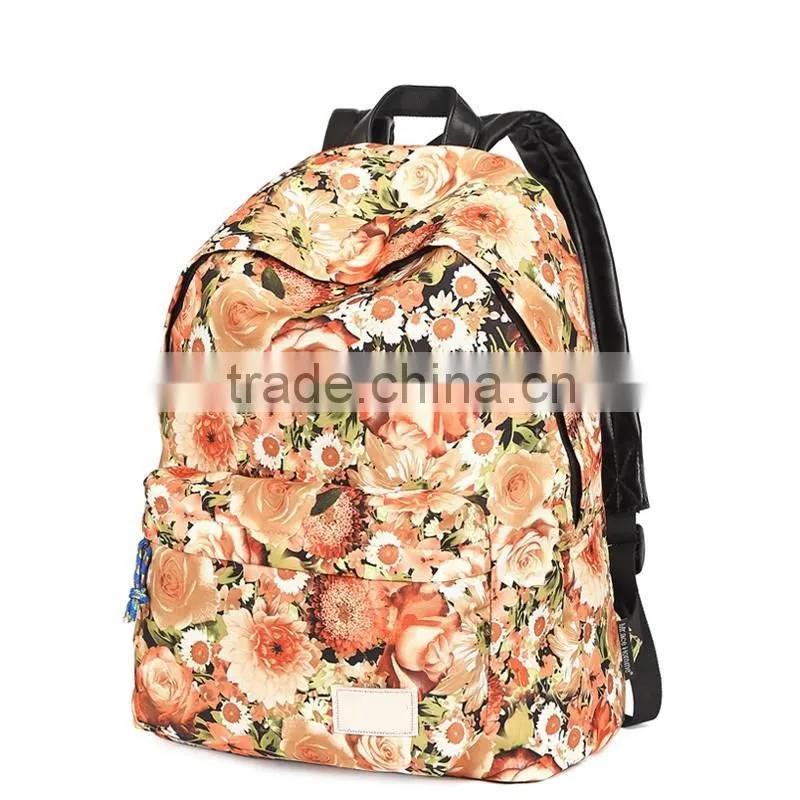 2016 new fashional floral printed nylon youthful backpack girls school bag