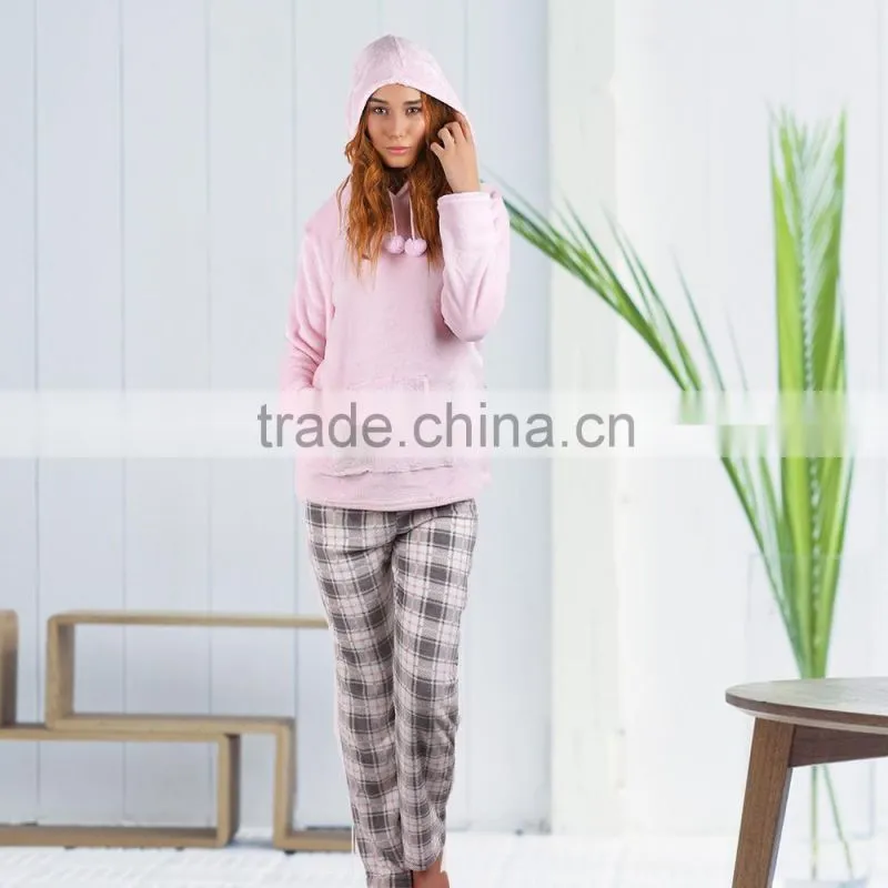 Kevince flannel pyjama set heart print cap knitting woman clothing nightwear homewear MOQ 1000sets