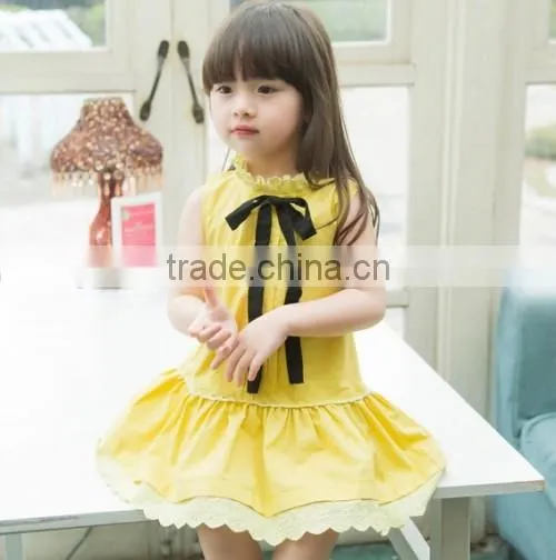 Yellow Tie Girls Dress Cotton Soild Color Girls Dress