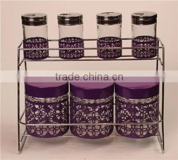 glass spice jar glass storage bottle set with metal shelf