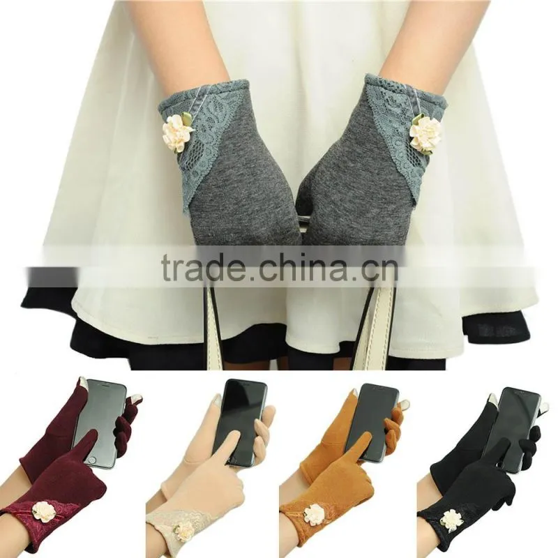 Womens Lace Gloves Winter Warm Wrist Gloves Ladies Touch Screen Mittens