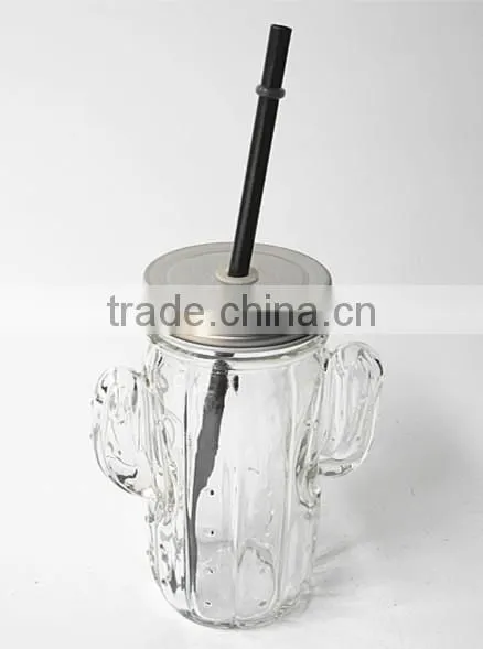 cactus plant unique shape clear glass juice mason jar with silver lid and straw