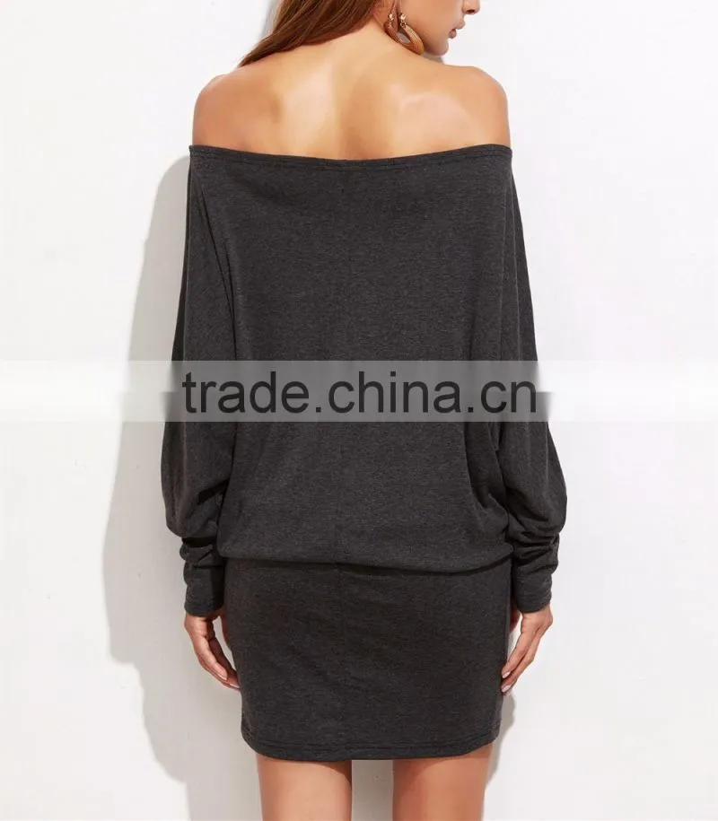 Off Shoulder Blouson Dress Women Long Sleeve Autumn Winter Grey Sexy Party Mini Dresses Women Vestidos
