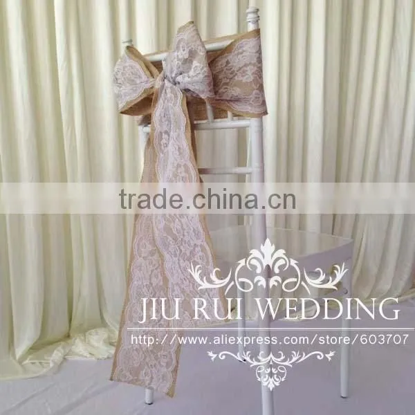 Natural Burlap Hessian Chair Sash Jute Chair Band with Lace at Middle for Rustic Wedding