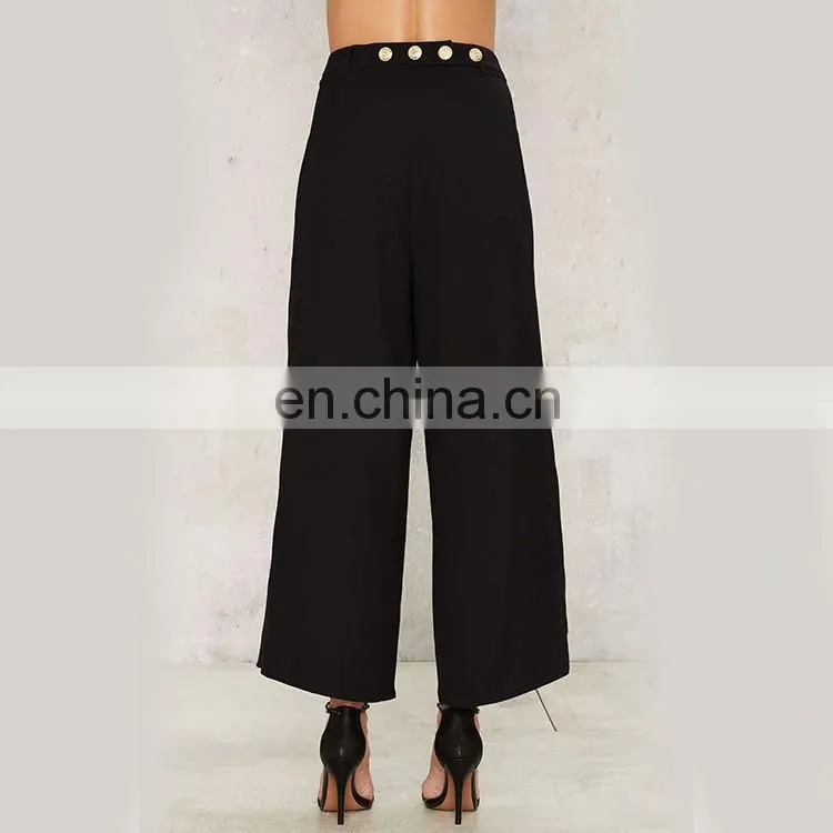 Wide Leg Palazzo Women's Pants with gold button closure