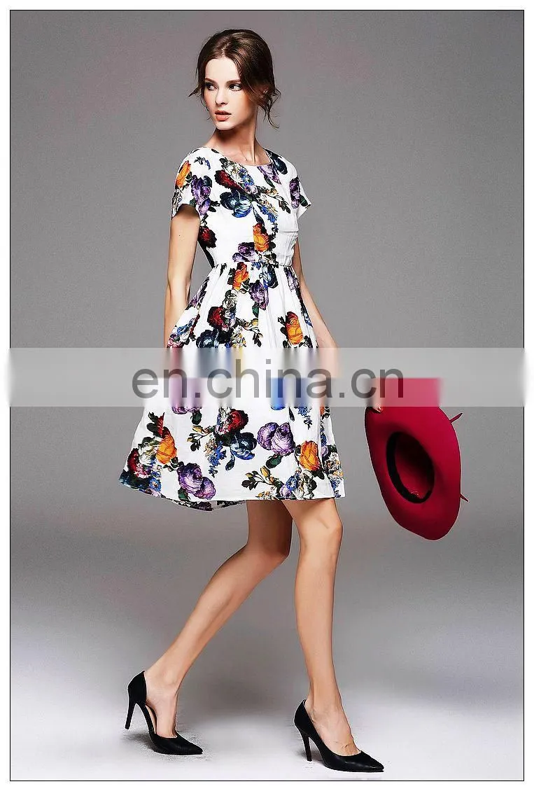 Ladies high quality short sleeve trendy dress with gathtering waist pretty print dress fashion