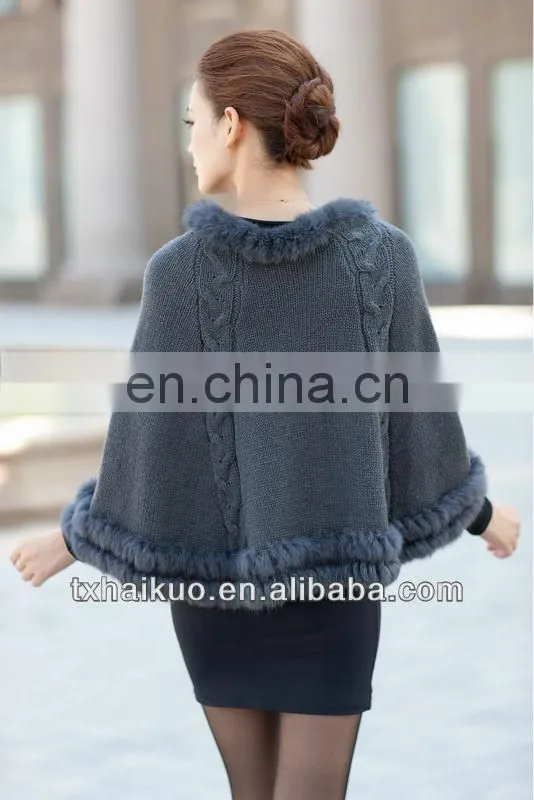 Ladies' sexy boat neck sleeveless cloak knitted sweater with fur hem