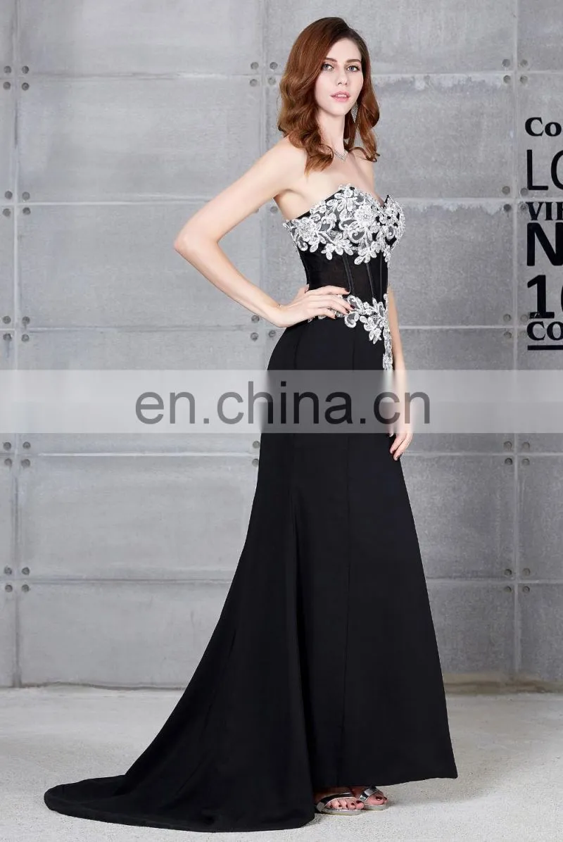 Grace Karin Hot Sale Sweetheart Neckline Chiffon Split Leg Long Black Lace Prom Dress CL7519