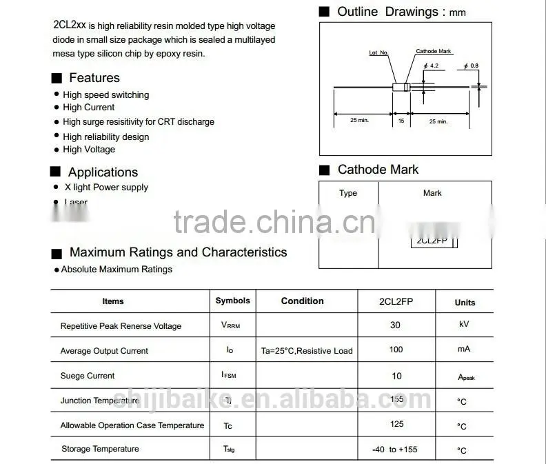 2CL2FP 30kV 100mA HIGH VOLTAGE DIODE DO-415