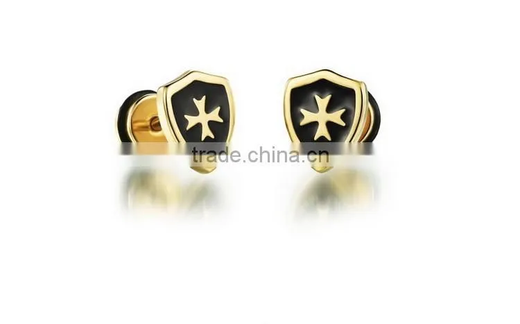 Men's titanium steel stud earrings golden shield cross mini earrings punk style design