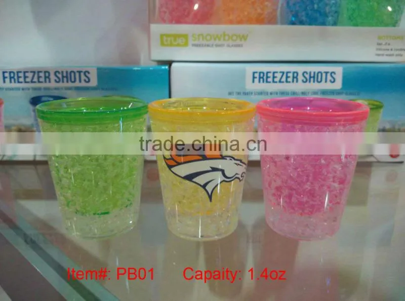 BPA free Plastic PS double wall frosty ice mug with cooling gel,freezer mug shot glass 1.4oz