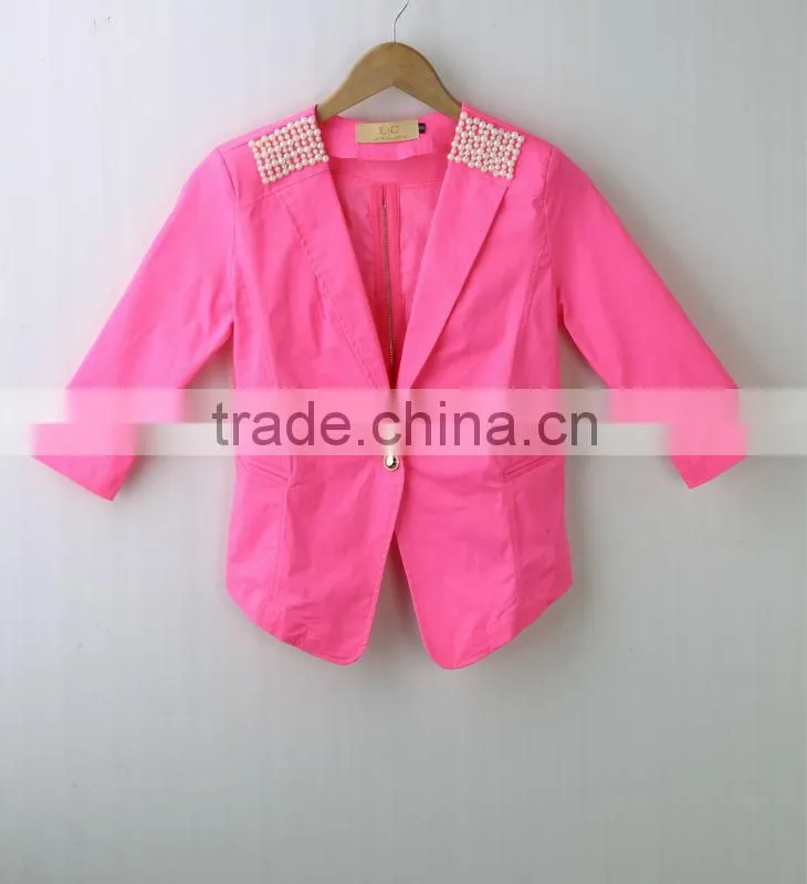 fashion spring neon color ladies'casual tail suit,fashion ladies'jacket with pearl on shoulder and accessory zipper on back