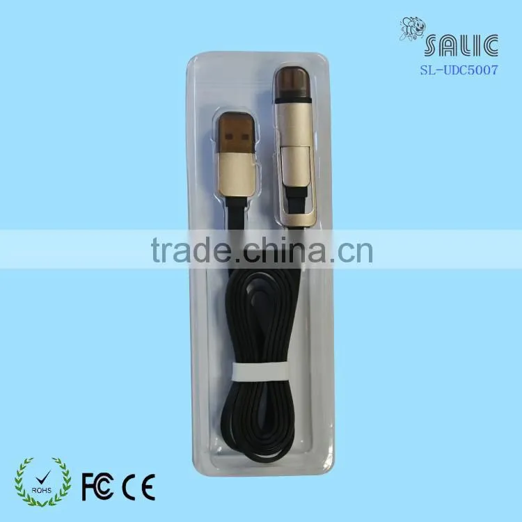 High Quality 2 in1 manual retractable flat noodle usb cable for micro usb and iphone6/5/5s/5c