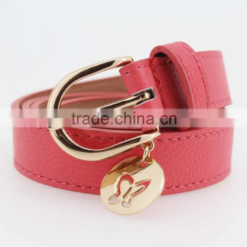 2015 fashion Pink PU leather women jeans belt with Gold buckles in YiWu