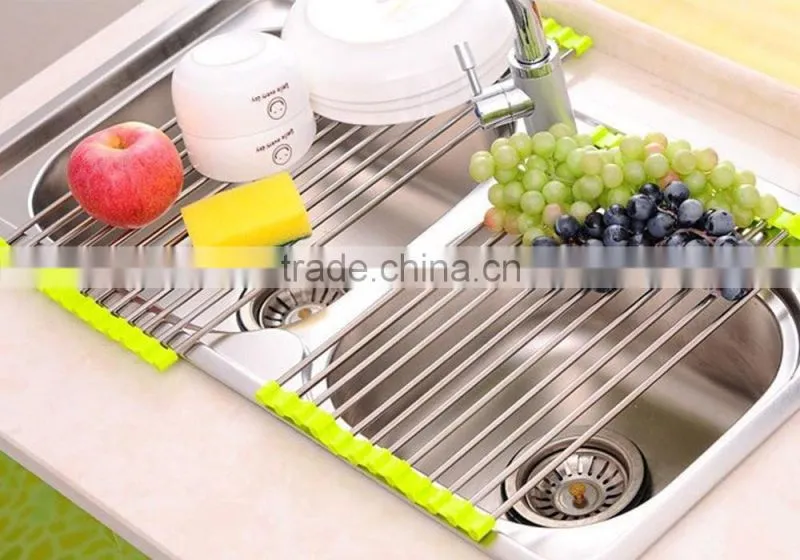 High Quality Over the Sink Multipurpose Roll Up Stainless steel silicone Dish Drying Rack