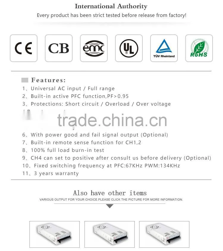 Mean Well 200W Quad Output with PFC Function Power Supply/5V 12V 24V -12V Switch Power Supply/200w quad PFC power supply