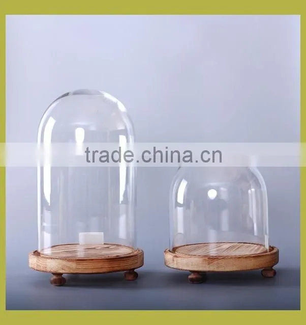 flower glass dome with wooden base set of 2