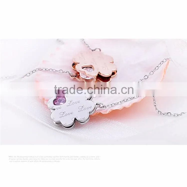 Fashion Stainless Steel Chain Necklace with Four Leaf Clover Charm and CZ