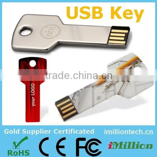 Silver 4GB Metal Key Shaped USB 2.0 Flash Drive, Golden key drive memory 4gb, Mini Metal Traveller Key