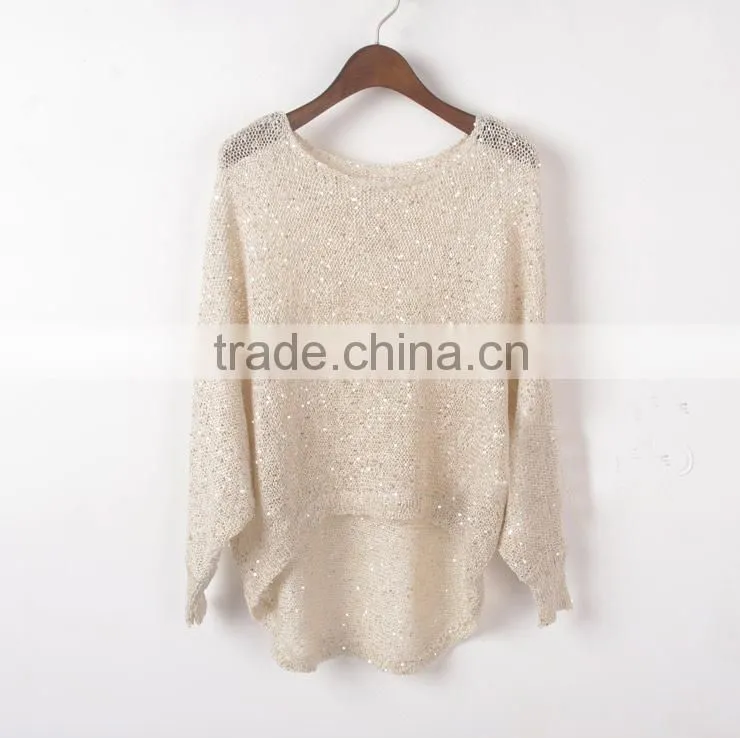 woman spring summer light weight open hole knitwear tops with sequins