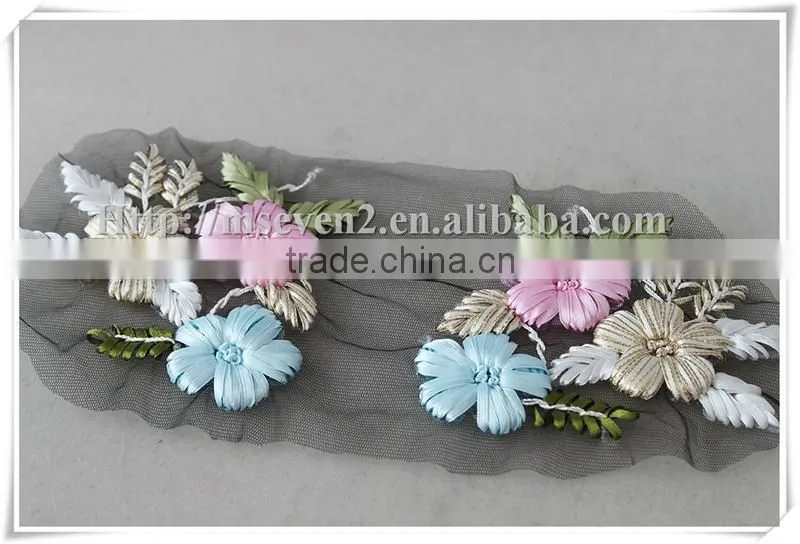 New selling trendy style fashion colorful satin ribbon crochet flower applique